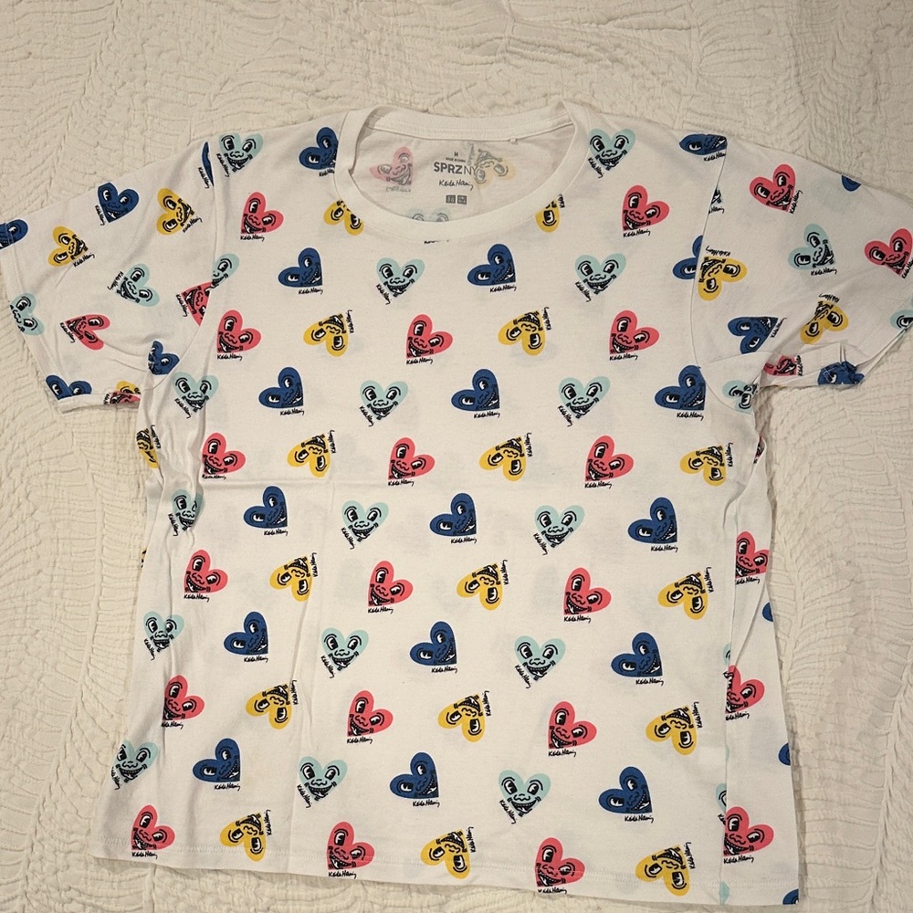 Uniqlo Keith Haring Heart Print T-Shirt - White, Blue, Pink, Yellow